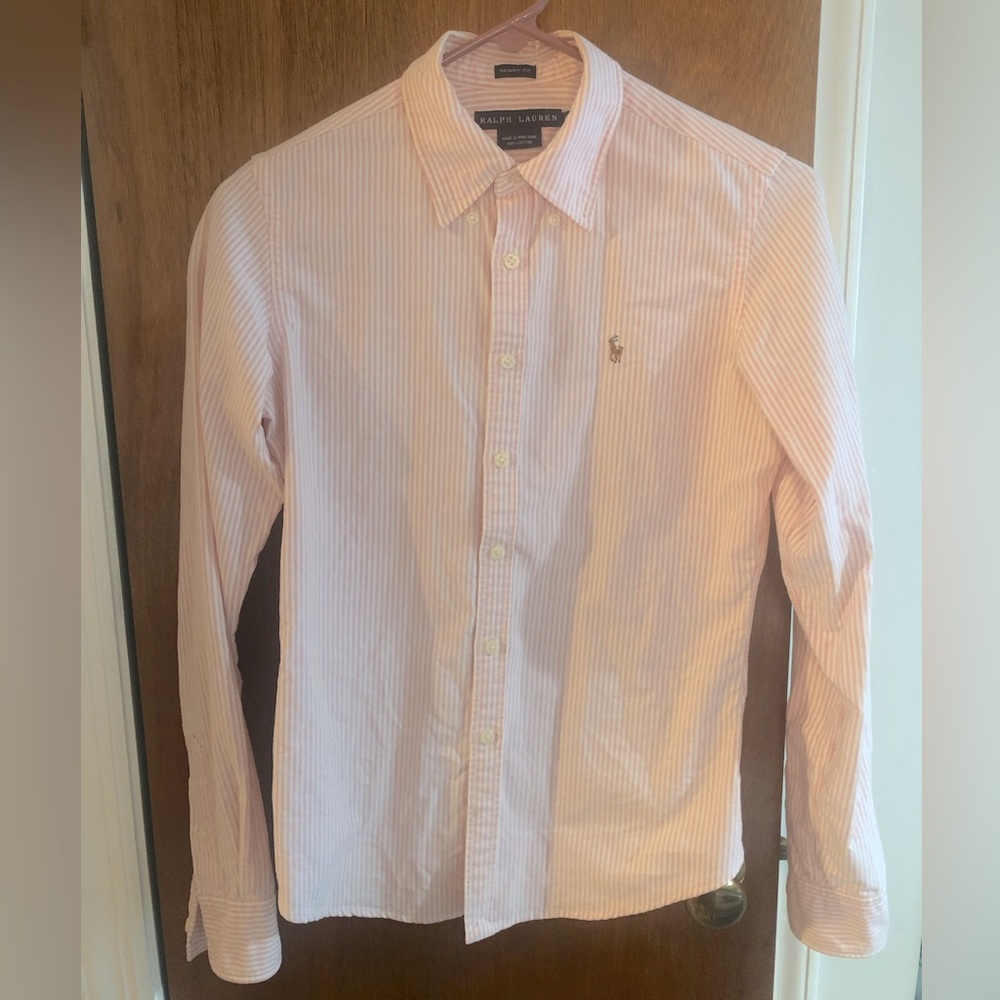 Ralph Lauren Women’s Oxford Button Down, pink Striped, Skinny Fit, Size 6.